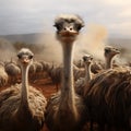 Misty farm scene ostrich group amid clouds creates a tranquil tableau