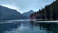 Misty Fjords in Ketchikan Alaska Tongass National Forest. Mountaind and forest reflecting in still mountaintop lake