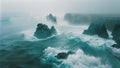 A misty fog covers the body of water as rocks dot the landscape on a cloudy day, Overhead view of misty sea and jagged coastlines