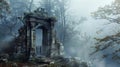 Through the misty fog an eerie old doorway can be seen at the edge of a forest. Its intricate carvings depict scenes of