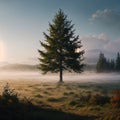 Misty foggy landscape with fir forest, abstract natural background. mystical atmosphere, beautiful nature image. Trees