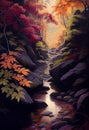 The Misty Forest: A Fractal Journey Through Vibrant Foliage, Streams, Rocks, and Autumn Leaves