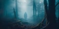 misty forest with ghostly apparitions and a full moon in the background, conveying a spooky mystical atmosphere Royalty Free Stock Photo