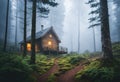 A misty forest with a hidden cabin Royalty Free Stock Photo