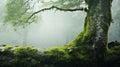 misty forest with a moss-covered tree, showcasing natureÃ¢â¬â¢s serene and mystical beauty