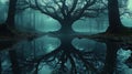Misty forest oak tree reflection puddle, autumn Royalty Free Stock Photo