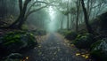Misty forest path with moss-covered rocks, mysterious atmosphere, background image Royalty Free Stock Photo