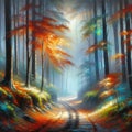 The misty forest path in painting, autumn season, dappled lights, colorful leaves, mist effect, silhouette, acrylic art, tree Royalty Free Stock Photo