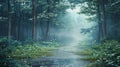 A misty forest path with rain and greenery Royalty Free Stock Photo