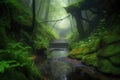 misty forest pathway with hidden waterfall and reflection