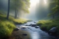 Misty Forest Stream in the Early Morning Sunlight with Greenery and Rocky Riverbed Royalty Free Stock Photo