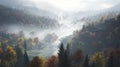 Misty Forest Valley with Winding River and Autumn Foliage Royalty Free Stock Photo