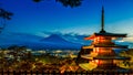 Misty Fuji Mountain and Chureito Pagoda in sunset time viewed from, Fujiyoshida, Japan Royalty Free Stock Photo