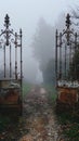 Misty garden path with vintage gate Royalty Free Stock Photo