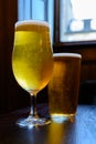 Misty glasses with two pints of cold Scotch ale, amber pale ale, lager draft beer in English pub