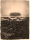 Misty gloomy coastal landscape in antique old photograph style