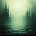 Misty Gothic City: A Luminous Olive Seascape Abstract
