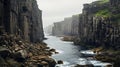 Misty Gothic Coastline With Sharp Boulders And Rocks