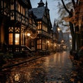 Misty gothic cottage in a gloomy metropolis at night Royalty Free Stock Photo