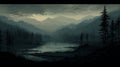 Misty Grand Canyon: Dark Forest On The Lake - Eerily Realistic 2d Game Art