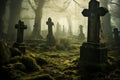 Misty graveyard with tombstones covered in moss