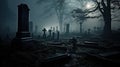 Misty Graveyard with Tombstones Shrouded in Fog AI Generated