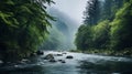 Misty Green Forest: A Serene River Flowing Through Enchanting Japanese-inspired Landscape