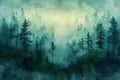 Misty Greenblue Forest Dreamscape. Concept Nature Photography, Landscape Imagery, Enchanting Forest