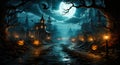 Misty Haunting Eerie Halloween Scene with Dark Trees and Pumpkins