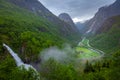 Misty Naeroy Valley in south western Norway with waterfall, Scandinavia Royalty Free Stock Photo