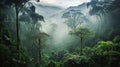 Misty jungle rainforest from above in the morning. Tropical forest with sun rays and fog Royalty Free Stock Photo