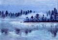 Misty lake with island and trees - watercolor hand-drawn illustration