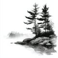 Misty lake with pine trees and rocks Royalty Free Stock Photo