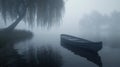 Misty lake scene with a lone boat under a weeping willow Royalty Free Stock Photo