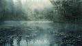 A misty lake shrouded in a timeless haze lies in the heart of the forest. The water seems to be a portal to another