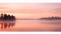 Misty lake at sunrise Pink and purple sky and water Silhouette of trees Royalty Free Stock Photo