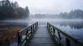 Misty lake with wooden pier in nature