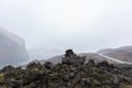 Misty landcape formed by the 1973 eruption of the Eldfell volcano in Heimaey, Westman islands, Iceland