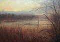 Misty Landscape With Bare Trees Overgrown Grass Hillside. Created from a real photo Royalty Free Stock Photo