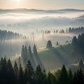 Misty landscape featuring rolling hills and dense evergreen forests, likely composed of pines Royalty Free Stock Photo