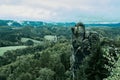 Misty landscape with fir forest in hipster vintage retro style of Elbe Sandstone Mountains. Location Saxon Switzerland