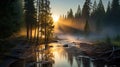 Misty Landscape: Golden Light Shines On Mountain Stream