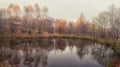 Misty late fall landscape, wild lake in the autumn forest with reflection in the calm water Royalty Free Stock Photo