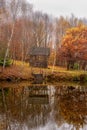 Misty late fall landscape, wild lake in the autumn forest with reflection in the calm water, vertical image Royalty Free Stock Photo