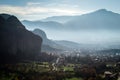 Misty layer of mountains around Meteora, Greece