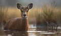 Misty Marshland Serenity Photo of Chinese water deer standing alertly in a misty marshland its delicate features and unique