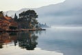 Misty Mediterranean landscape. Montenegro, view of Bay of Kotor and Dobrota town