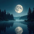 Misty moon over tranquil forest lake, silver glow on water , quiet, mysterious Royalty Free Stock Photo