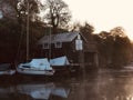 Misty morn at the Pill Creek boathouse Royalty Free Stock Photo