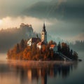 A misty morning at Bled Island, with castle in the backdrop